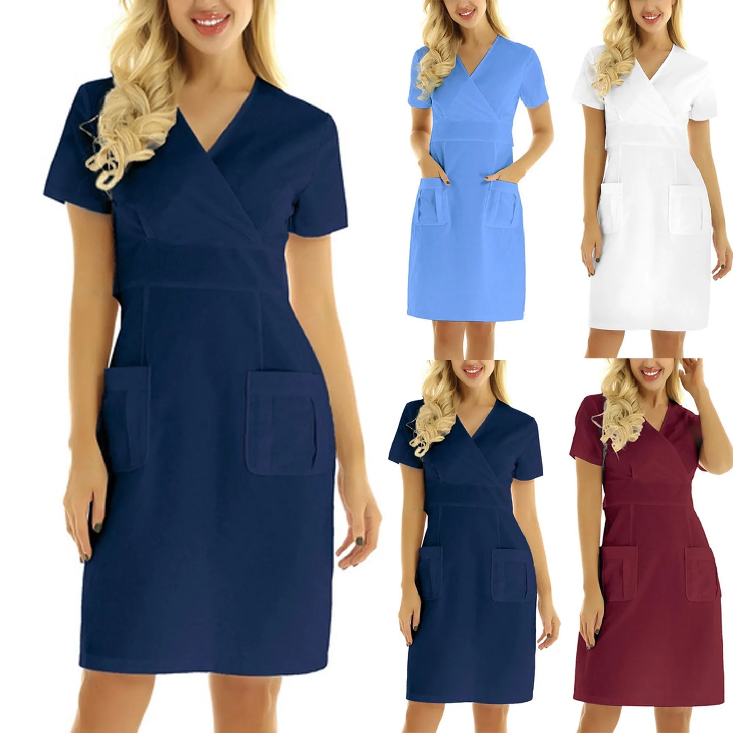 Short Sleeve V-neck Solid Pocket Dress Nursing Medical Uniforms