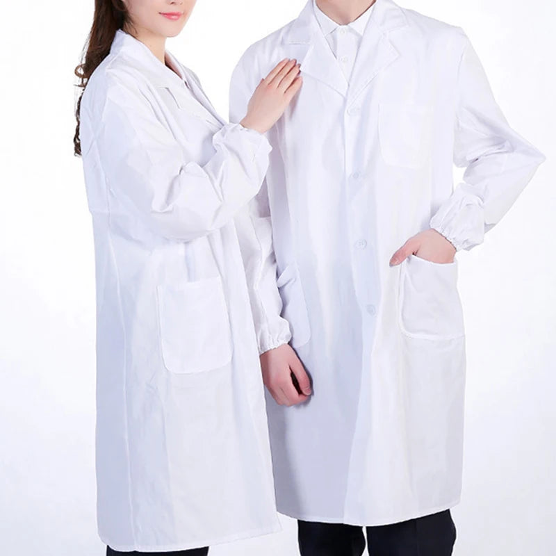 Unisex Long Sleeve Notched Lapel Collar Button Down Medical White Lab Coat