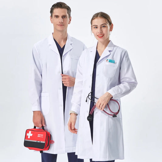 Unisex White Lab Coat Professionals Nurse Long Sleeves Doctor Work Robe