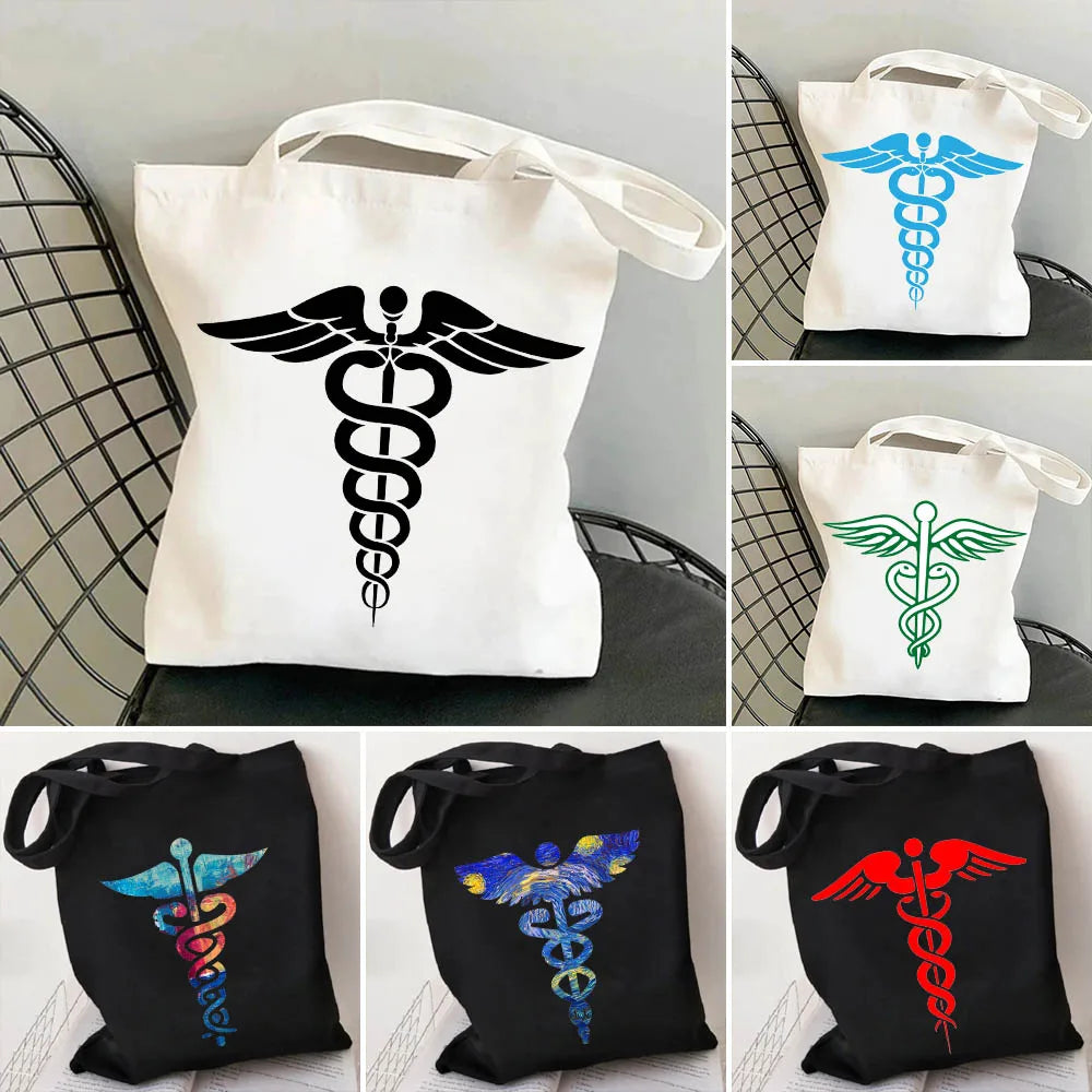 Caduceus Medical Symbol Wings Nurse Shoulder Canvas Cotton Totes Bag