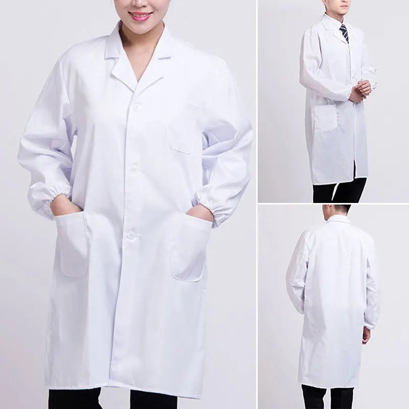 Unisex Long Sleeve Notched Lapel Collar Button Down Medical White Lab Coat