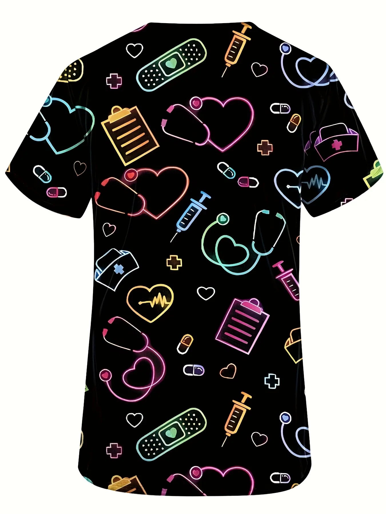 Heart Printed V-Neck Tops Short Sleeve Surgical Uniforms