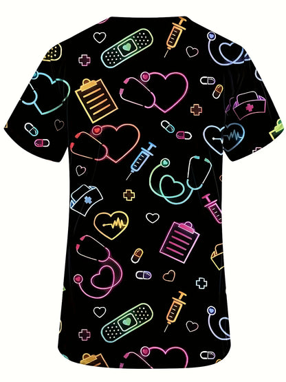 Heart Printed V-Neck Tops Short Sleeve Surgical Uniforms