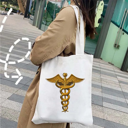 Caduceus Medical Symbol Wings Nurse Shoulder Canvas Cotton Totes Bag