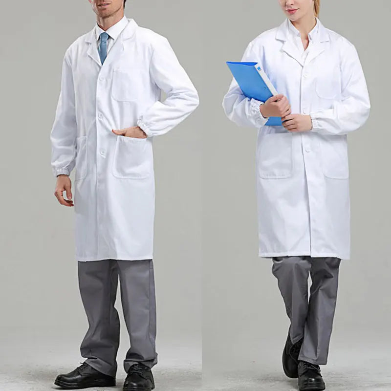 Unisex Long Sleeve Notched Lapel Collar Button Down Medical White Lab Coat