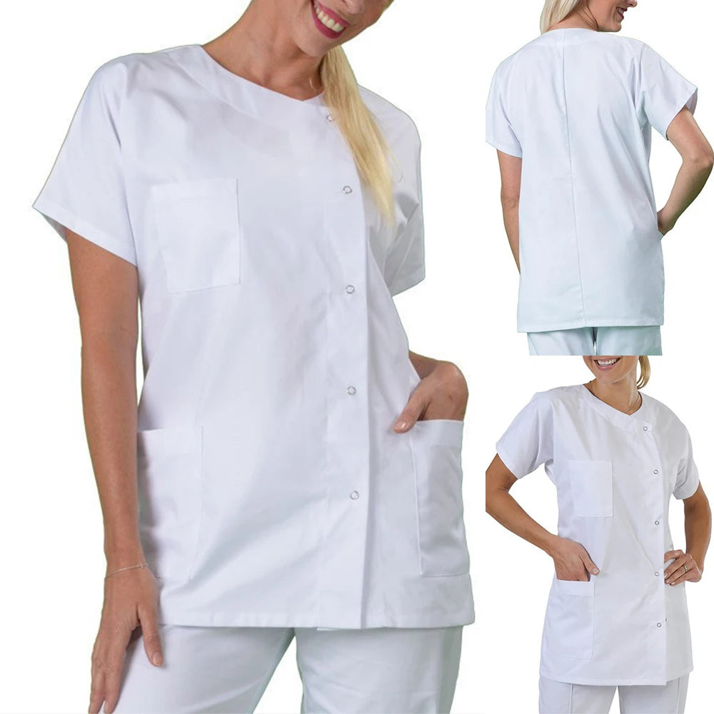 Collarless Short Sleeve Medical Dress Hospital Lab Coat