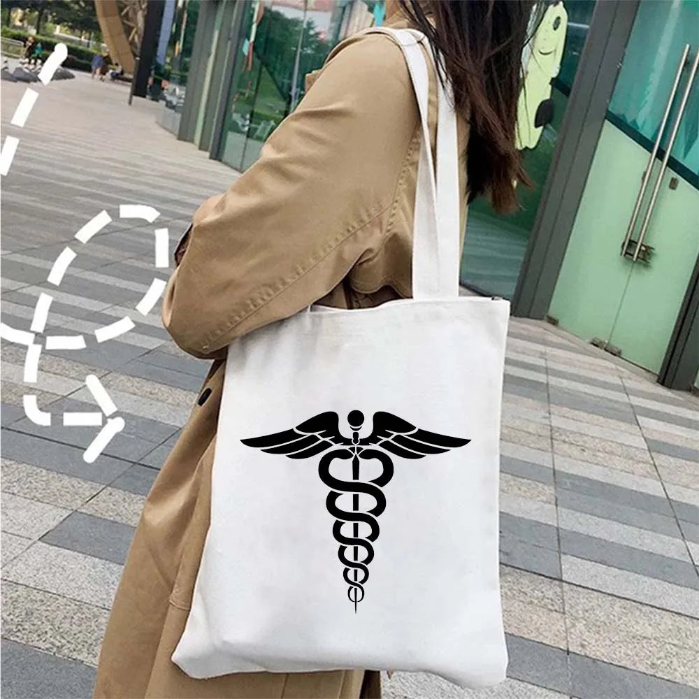 Caduceus Medical Symbol Wings Nurse Shoulder Canvas Cotton Totes Bag