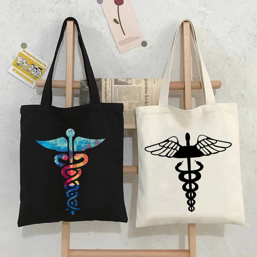 Caduceus Medical Symbol Wings Nurse Shoulder Canvas Cotton Totes Bag