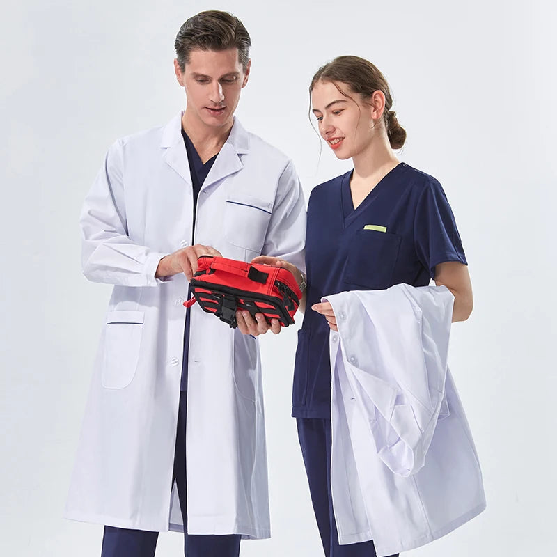 Unisex White Lab Coat Professionals Nurse Long Sleeves Doctor Work Robe