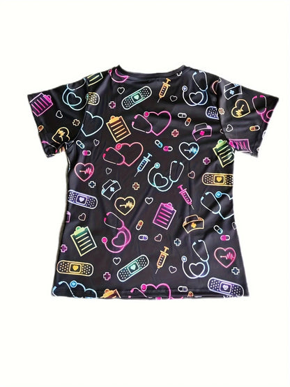 Heart Printed V-Neck Tops Short Sleeve Surgical Uniforms