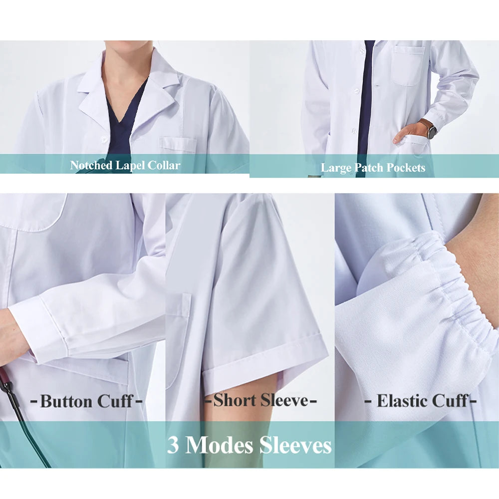 Unisex White Lab Coat Professionals Nurse Long Sleeves Doctor Work Robe