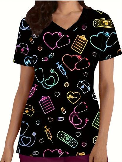 Heart Printed V-Neck Tops Short Sleeve Surgical Uniforms